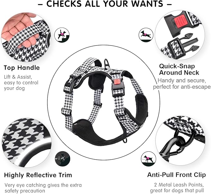 PoyPet No Pull Dog Harness, [Release on Neck] Reflective Adjustable No Choke Pet Vest with Front & Back 2 Leash Attachments, Soft Control Training Handle for Small Medium Large Dogs(Houndstooth,XL)