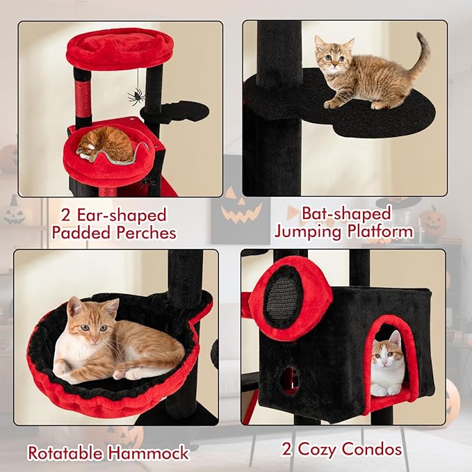PETSITE 62-inch Gothic Cat Tree, Multi-Level Goth Coffin Cat Tree Tower with Sisal Scratching Posts, Board and Ladder, Basket, Condos, and Hanging Spider Toys, Ideal for Indoor Cats, Black & Red