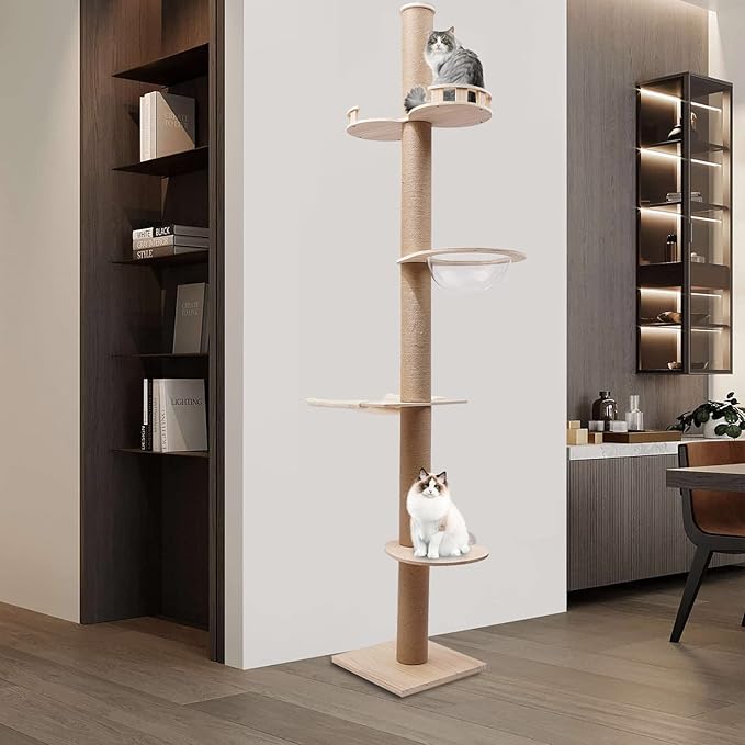 Cat Climbing Tower Floor to Ceiling Cat Tree Height with Clear Space Capsule Adjustable Tower 4 Tier High Tree Sturdy Activity Tree for Living Room, Bathroom, Balcony