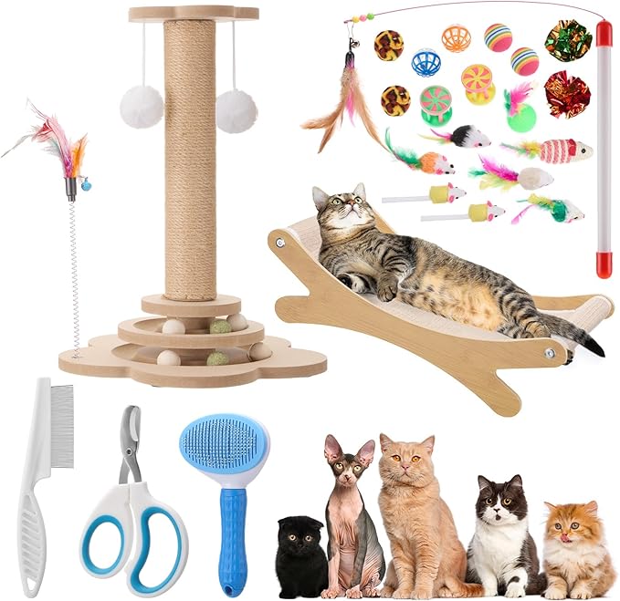25 Pcs Kitten Starter Kit for Indoor Cats Include Cat Scratching Post, Sisal Scratcher Bed, Brushes, Nail Clipper, Balls for Indoor Kittens Supplies Accessories Welcome Gift