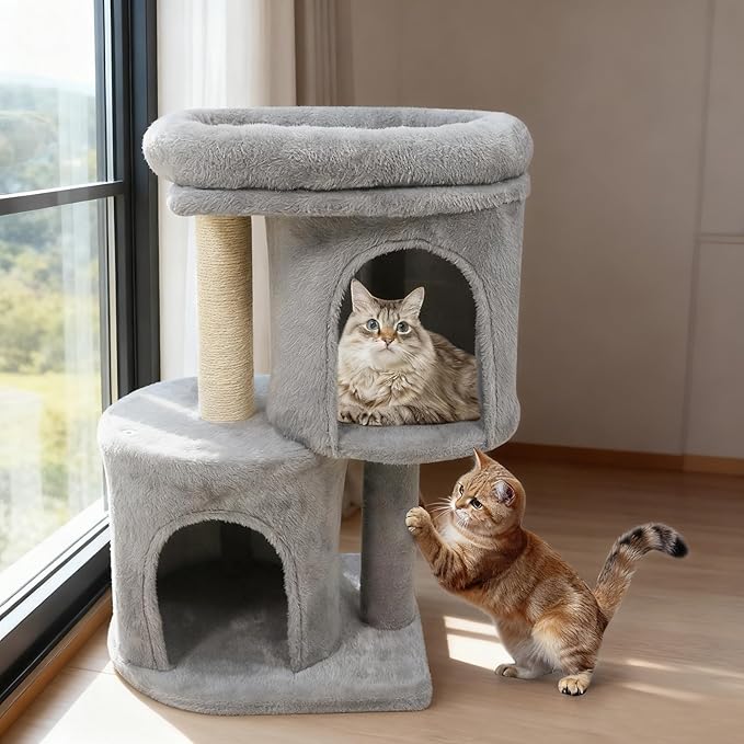 Tangkula Small Cat Tree for Indoor Cats, 26 Inch Cat Tower with Sisal Scratching Posts, Dual Cat Condos with Large Padded Push Perch, Modern Cat Climbing Furniture Activity Center (Light Grey)