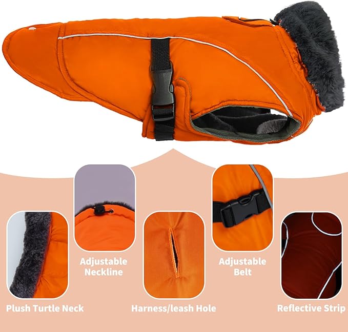 DENTRUN Winter Warm Dog Coat Reflective Jacket with Turtleneck for Cold Weather, Adjustable Buckle Windproof Water Repellent, Thick Snowsuit Fleece Vest for Small, Medium, Large Dogs, Orange, XXL