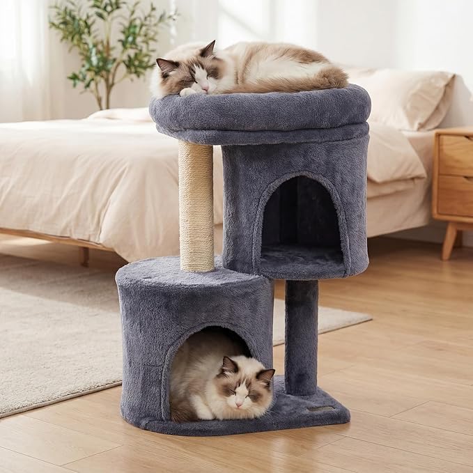PETSITE 26-inch Small Cat Tree, with Sisal Scratching Post, Double Comfy Condos, and Spacious Top Perch, Ideal for Indoor Cats and Kittens (Dark Grey)