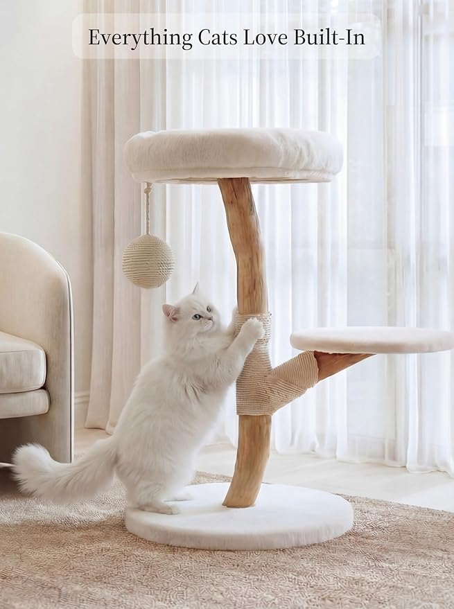 LEO & LEXI Real Wood Modern Cat Tree Tower, Cat Scratching Post with Bed for Small Indoor Cats, Solid Wooden Climbing Tower, Aesthetic Stand, Boho Luxury Pet Furniture