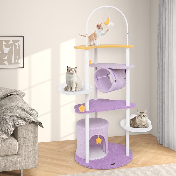PETSITE 62 inch Moon and Star-Themed Cat Tree, Modern Multi-Level Cat Tower with Moon-Shaped Top Perch, Star-Shaped Hanging Toys, Barrel-Shaped Hammock, and Cat Condo, Cute Cat Tree for Indoor Cats