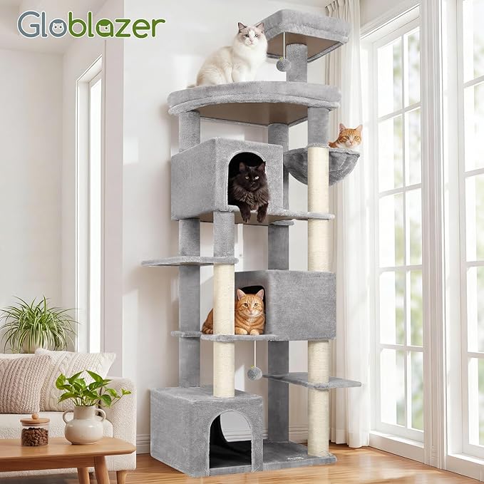 Globlazer Extra Large Cat Tree Tower for Indoor Cats Large Adult, 80in Tall Heavy Duty Cat Tree with 3 Spacious Cat Condos, Oversized Fan-Shaped Perch, 6 Full Sisal Scratching Posts, S80, Light Grey