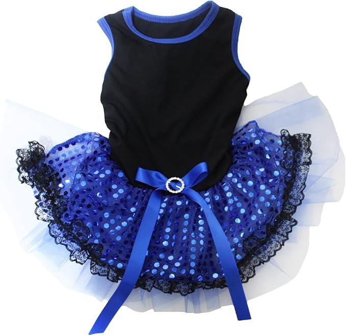 Petitebella Plain Sequins Tutu Puppy Dog Dress (Black/Blue Lace, X-Large)