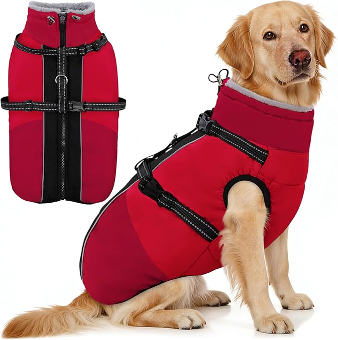 AOFITEE Dog Coat for Large Dogs, Waterproof Dog Winter Jacket with Built in Harness, Warm Turtleneck Cold Weather Coats Large, Reflective Fleece Lined Snow Jacket for French Bulldog, Boston Terrier, L