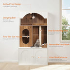 HOOBRO Cat Tree with Litter Box Enclosure, 58.7"H Hidden Cat Litter Enclosure Furniture, All-in-One Modern Cat Tree with Food Bowl, Sisal Scratching Post, and Dangling Ball, White and Walnut WH82MZ03