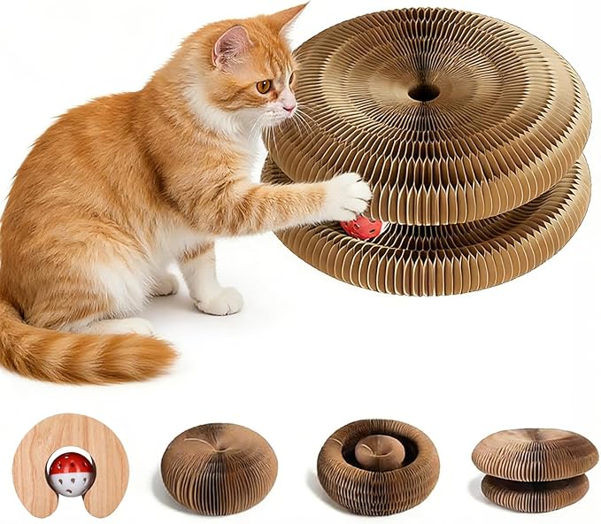 Simple Delxue Interactive Scratch Toys with a Ball, Magic Organ Cat Scratching Board, Cat Scratcher for Grinding Claw, Recyclable and Durable, Furniture Protector, Retractable, Brown, Reversible