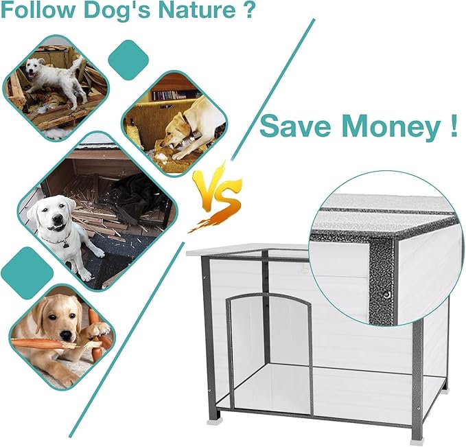 Heated Dog House Outdoor,Anti Bite Iron Frame Dog Kennel with Adjustable Temperature and Time,Insulated Weatherproof Outside Shelter for Feral Animal (Grey, M)