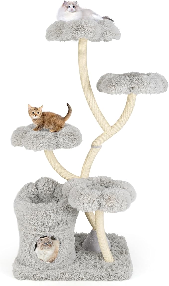 Tangkula Cat Tree Tower, 65 Inch Tall Cat Tower with Sisal Scratching Posts, Flower-Shaped Platforms, Padded Cat Condo, Modern Cat Tree for Indoor Cats Large Adult (Gray)