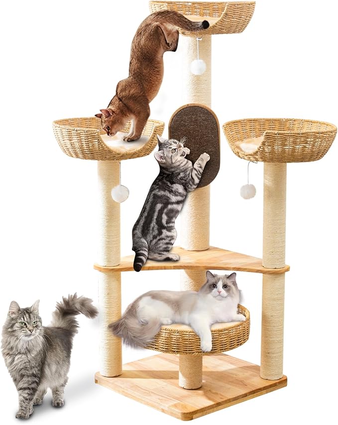 Cat Tree for Indoor Cats，54''Multi-Level Cat Tower for Large Adult, Sturdy Cat Tree House with 4 Plush Perches/Condos, 1 Scratching Boards 7 Posts, and Easy to Assemble.