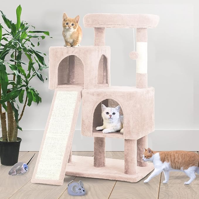 36 inches Cat Tower,Cat Tree for Indoor Cats with Scratching Posts Multi-Level Cat House with Ramp,Double Condos,Spacious Perch,Scratching Sisal Post and Dangling Balls for Kittens,Beige