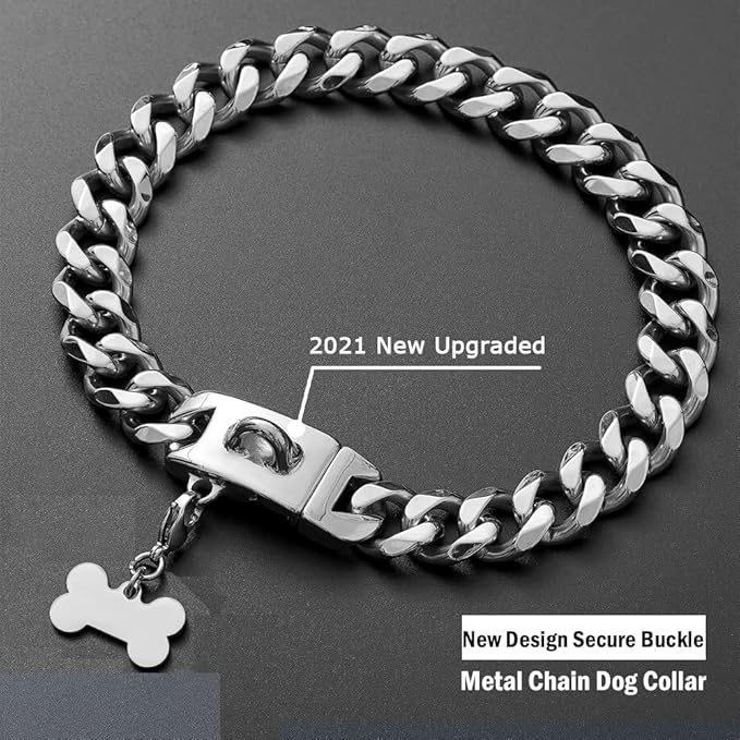 Silver Metal Dog Chain Collar with Design Secure Buckle & ID Tag,Pet Necklace,Strong Stainless Steel Cuban Link Chain,Chew Proof Indestructible Choke Walking Collar for Medium Dogs(19MM 14'')