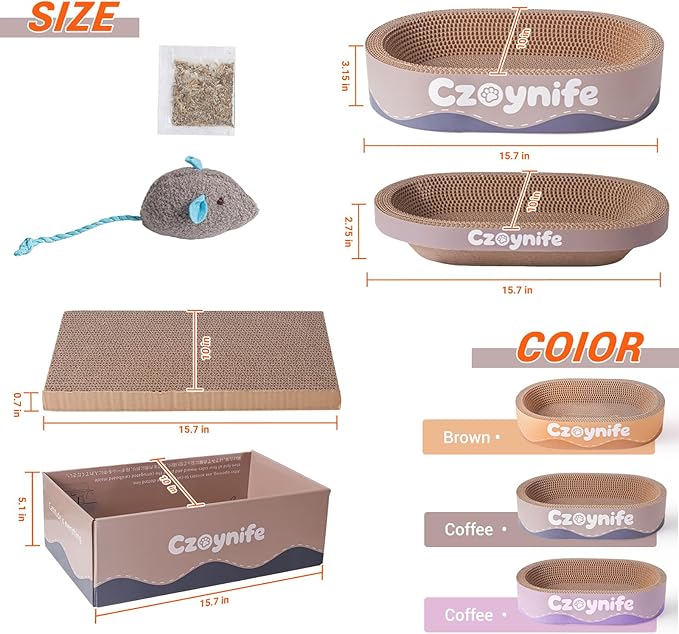 3PCS Cat Scratcher Bed, Oval Cat Scratcher Pad Bowl Nest for Indoor Cats, Round Cat Scratching Cardboard, Furniture Protector for Couch, for Kittens (Coffee, 15.7 * 10 in)
