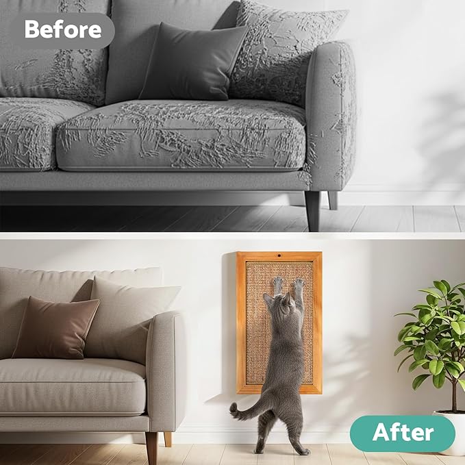 Cat Scratching Post, Wooden Sisal Cats Wall Scratcher, Floor or Wall Mounted Vertical Cat Scratch Pad for Indoor Cats Adults or Kittens, Scratching Board Cat Wall Furniture Protector