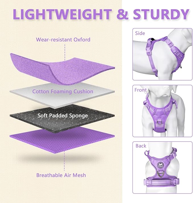 PoyPet No Pull Dog Harness, No Choke Reflective Dog Vest, Adjustable Pet Harnesses with Easy Control Padded Handle for Small Medium Large Dogs(Light Purple Matching Trim,L)