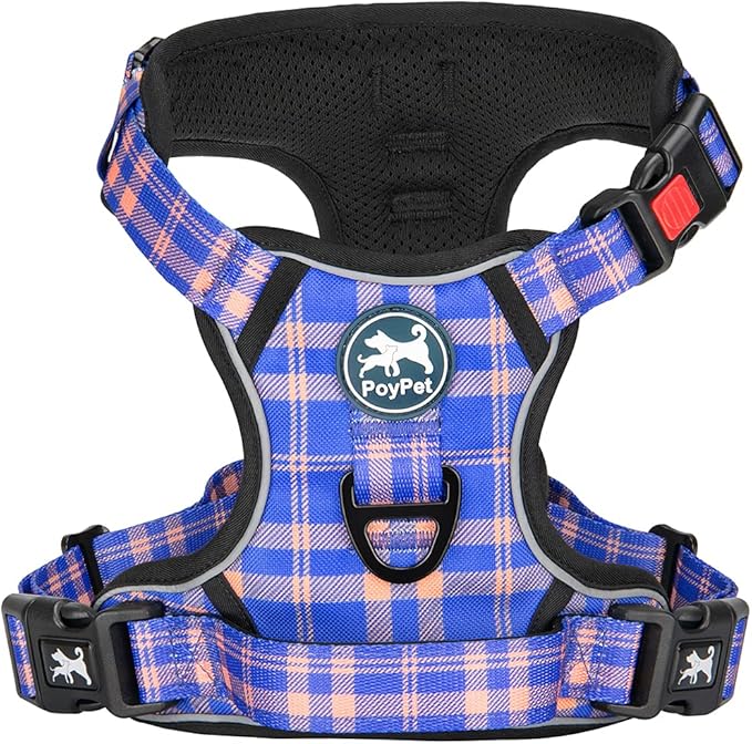 PoyPet No Pull Dog Harness, Reflective Adjustable No Choke Pet Vest with Front & Back 2 Leash Attachments, Soft Control Training Handle for Small Medium Large Dogs(Checkered Blue & Orange,S)