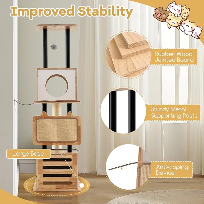 Tangkula Modern Cat Tree, Tall Multi-Level Cat Tower with Double Condos, Jumping Platforms, Dangling Balls, Sisal Carpets & Scratching Posts, Wood Cat Tree Tower for Indoor Cats