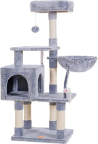 Heybly Cat Tree with Toy, Cat Tower Condo for Indoor Cats, Cat House with Padded Plush Perch, Cozy Hammock and Sisal Scratching Posts, Pewter HCT004PE