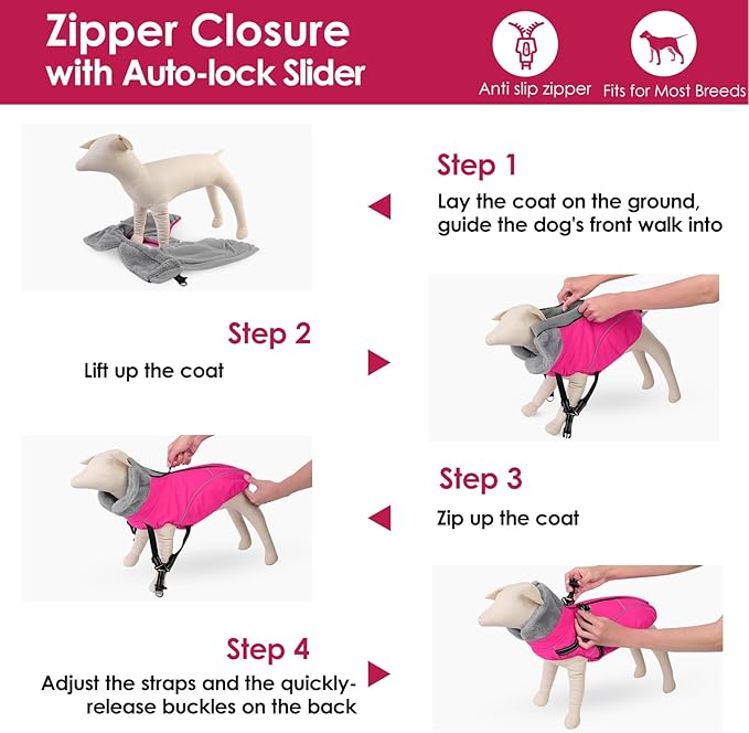 AOFITEE Dog Coat for Large Dogs, Waterproof Dog Jacket with Harness Built in, Warm Fleece Pet Puffer Jacket with Zipper, Cold Weather Coats for Dogs Outdoor, Reflective Pet Snowsuit, Pink XL