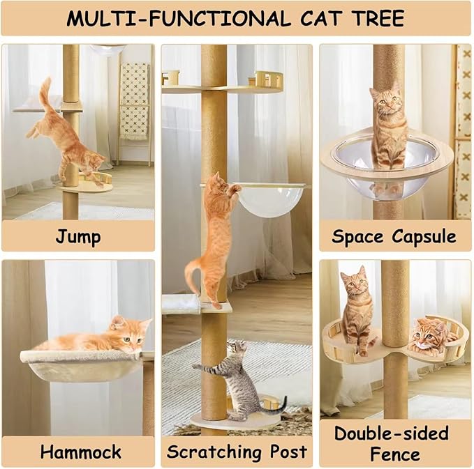 Sturdy Floor to Ceiling Cat Tree - Heavy Duty Solid Wood Column Cat Tower Adjustable Height 6-9.5ft Tall Cat Tower for Large Cats Modern Cat Activity Tree for Indoor Cats