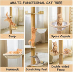 Sturdy Floor to Ceiling Cat Tree - Heavy Duty Solid Wood Column Cat Tower Adjustable Height 6-9.5ft Tall Cat Tower for Large Cats Modern Cat Activity Tree for Indoor Cats