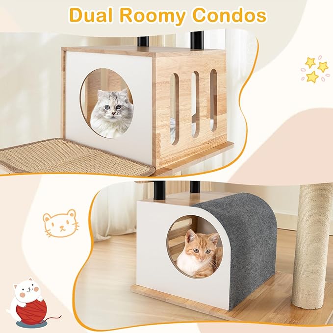 PETSITE 56 Inch Wood Cat Tree, Multi-Level Cat Tower with Sisal Scratching Posts, Dual Cat Condos, Removable Sisal Mats, and Hanging Balls with Bell, Modern Cat Tree Tower for Indoor Cats, Kittens