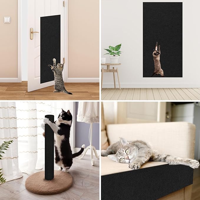Trimmable Cat Scratcher Mat, Self-Adhesive Cat Scratching Carpet Pad Replacement for Cat Tree Shelves, Cat Steps and Posts, DIY Cat Scratch Couch Furniture Protector (Black, 39.4"x15.8")