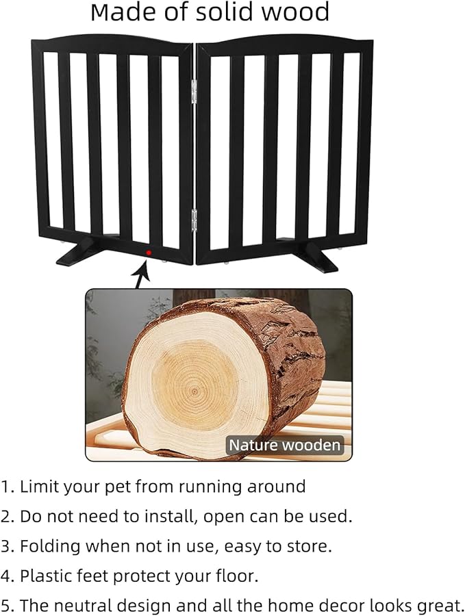 Freestanding Dog Gate Indoor,Doggie Gate Foldable Pet Gates for Doorways,Stairs or Hallways, Wooden Black Pet Gate for the House, Pet Fence with Support Feet Included,32 "Height-2 Panels