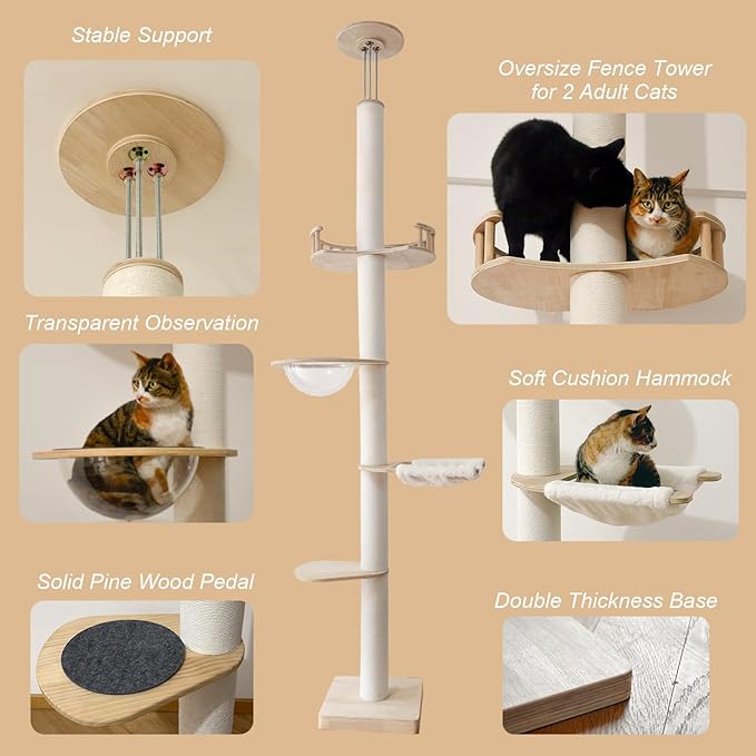 Cat Tree Floor to Ceiling Cat Towers Adjustable Height(108-112 Inches), Tall Cat Tree Natural Sisal Scratching Post, Modern Cat Tree Tower for Large Indoor Cats, Cotton Rope