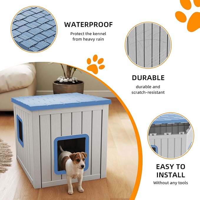 Dog House Small Dog Houses Outdoor with Sloped Roof Waterproof Ventilated Design Easy to Clean Elevated Floor Easy Assembly for Middle Sized Dogs(Blue 24.65"*21.5"*22.21")