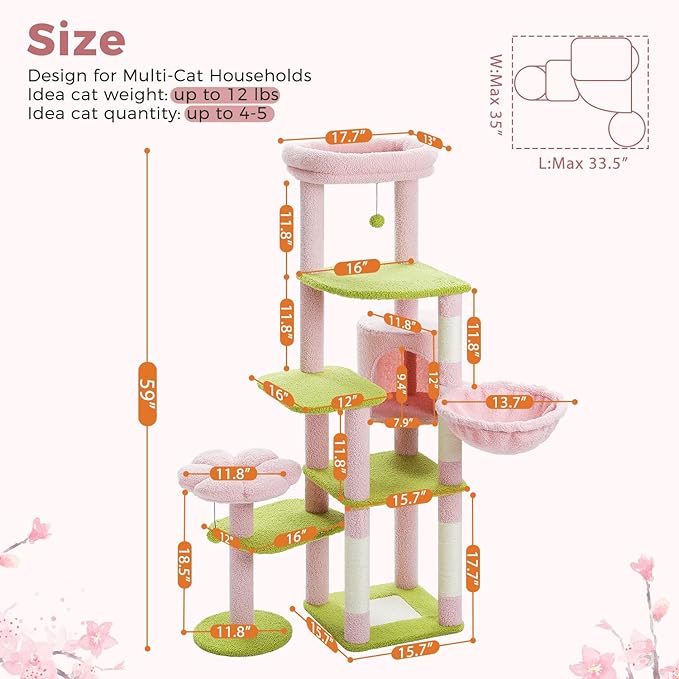 Flower Cat Tree for Large Cats, 59" Tall Cat Tower with Soft Flower Perch, Multi-Level Tower with Spacious Condo, Large Hammock and Scratching Posts, Sturdy Play House for Indoor Cats, Pink