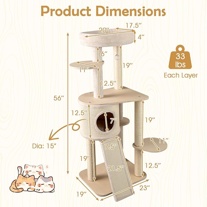 PETSITE 56 Inches Wooden Cat Tree, Multi-Level Modern Cat Tower with Sisal Scratching Posts, Comfy Condo with Sisal Covered Exterior, Climbing Ladder, Dangling Ball, and Soft Top Perch