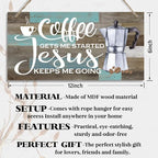 K7 Hanging Wooden Plaque Decor - Coffee Bar Sign, Jesus Keeps Me Going, Rustic Farmhouse Kitchen Wall Decor, 12x6 inch
