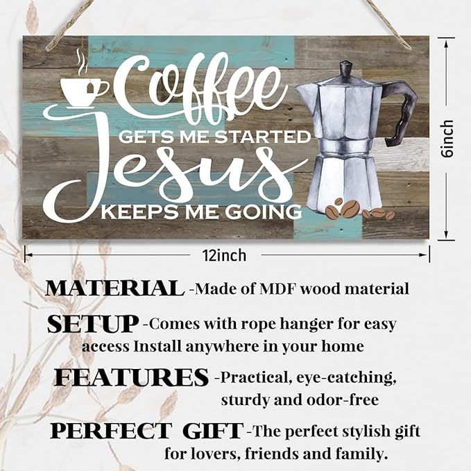 K7 Hanging Wooden Plaque Decor - Coffee Bar Sign, Jesus Keeps Me Going, Rustic Farmhouse Kitchen Wall Decor, 12x6 inch