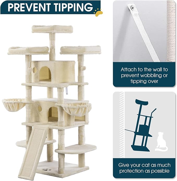 WEEWAY 68 Inches Multi-Level Large Cat Tree for Feline‌/Big Tower/Condo/Cozy Plush Kitty Perches/Fluffy Balls/Sisal Scratching Posts and Hammocks/Cave/Furniture Activity Center/Beige
