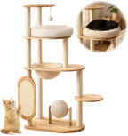 Solid Rubber Wood Modern Cat Tree with Scratching Posts Cat Scratching Ball and Board Washable Easy Clean for Large & Multi-Cat Homes