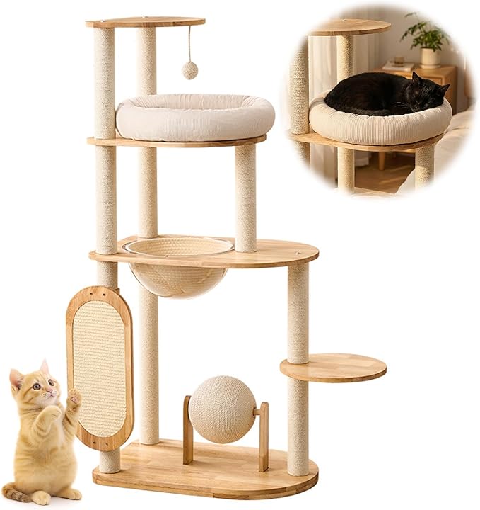 Solid Rubber Wood Modern Cat Tree with Scratching Posts Cat Scratching Ball and Board Washable Easy Clean for Large & Multi-Cat Homes