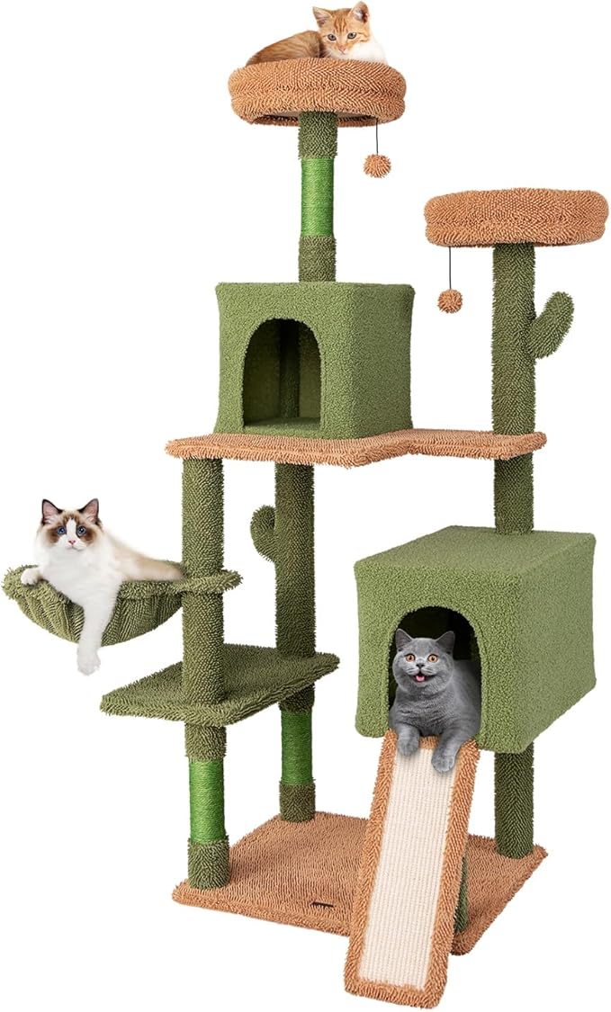 Tangkula Cactus Cat Tree, 63 Inch Tall Cat Tower with Sisal Scratching Posts, 2 Perches, 2 Cat Condos, Hammock, 2 Balls, Ramp, Washable Cushions, Green Cute Cat Tree Tower for Indoor Cats