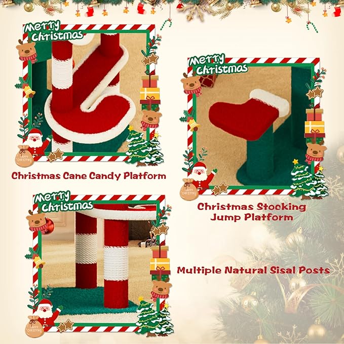 Christmas Cat Tree, Cat Tower for Indoor Cats with 2 Cat Condos, Thickened Cat Scratching Post，Cute Cat Furniture with DIY Christmas-Themed Stickers and LED String Lights
