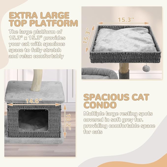 Modern Cat Tree for Indoor Cats - Multi-Level Wooden Tower with Scratching Posts, Large Jumping Platforms, Hanging Toy - Modern Luxury Cat Furniture for Indoor Cats-Grey
