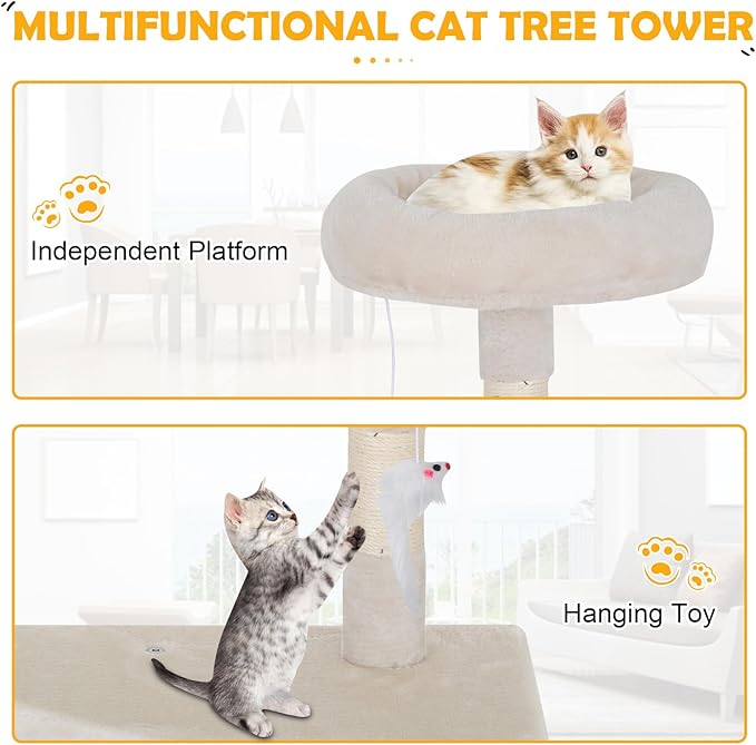 Cat Tree 36 Inch Cat Tower for Indoor Cats with Scratching Post,Padded Perch,Hanging Toys for Kittens & Adult Cats,Beige (Beige)