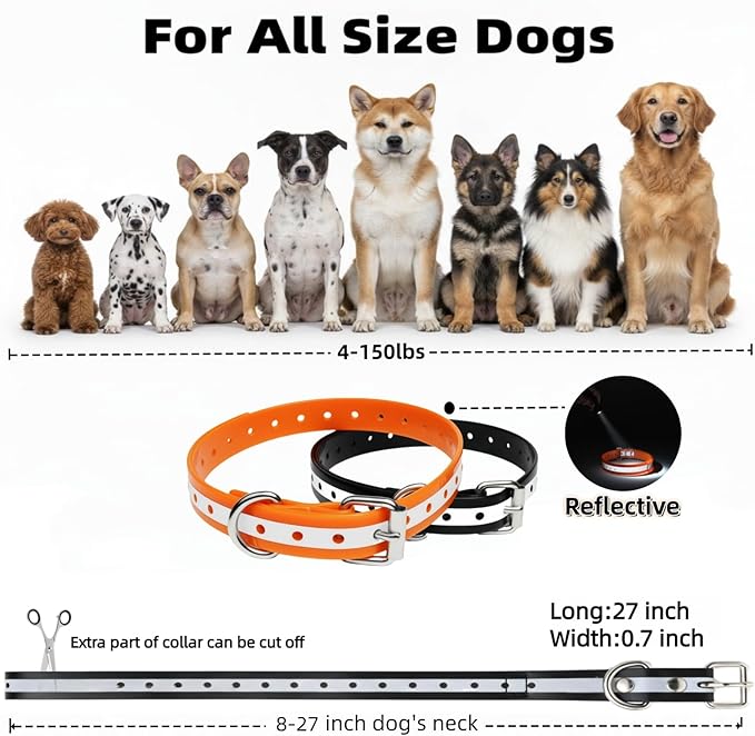 Waterproof Replacement Strap for Shock Collars, Adjustable Bark and E Collar Strap, Fits 5–150 lbs Dogs, Reflective TPU Dog Training and Invisible Fence Replacement Collars 3/4 inch Dog Collar 2 Pack