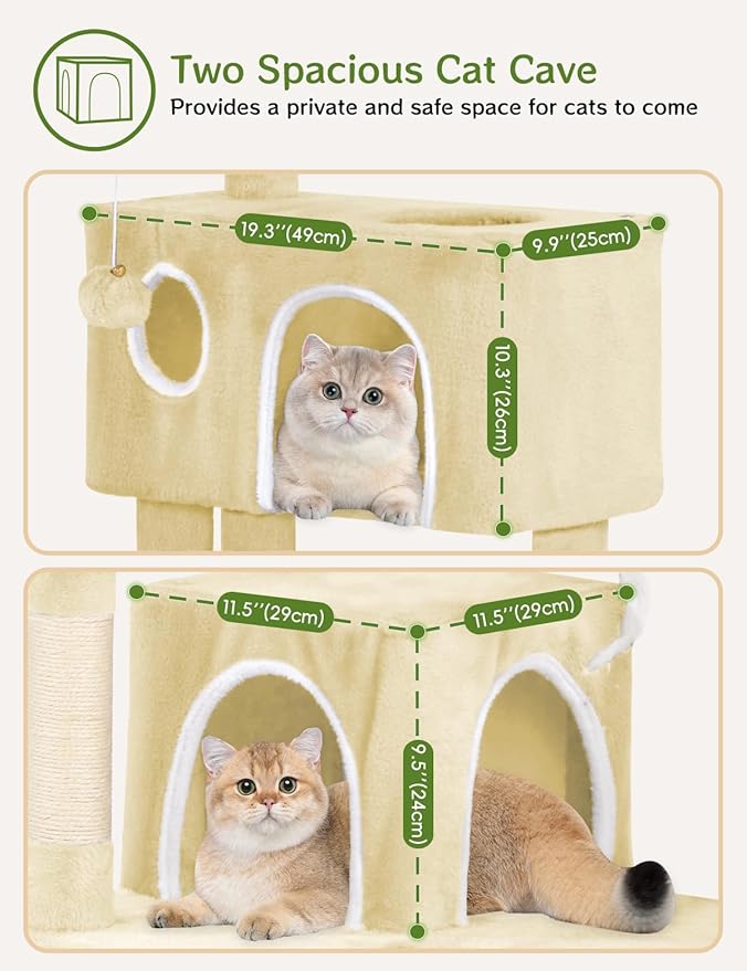 Cat Tree Tower 53 inch - Multi-Level Indoor Activity Center with Sisal Scratching Posts, Condo, Plush Perch & Hanging Toys for Large Cats (Beige)
