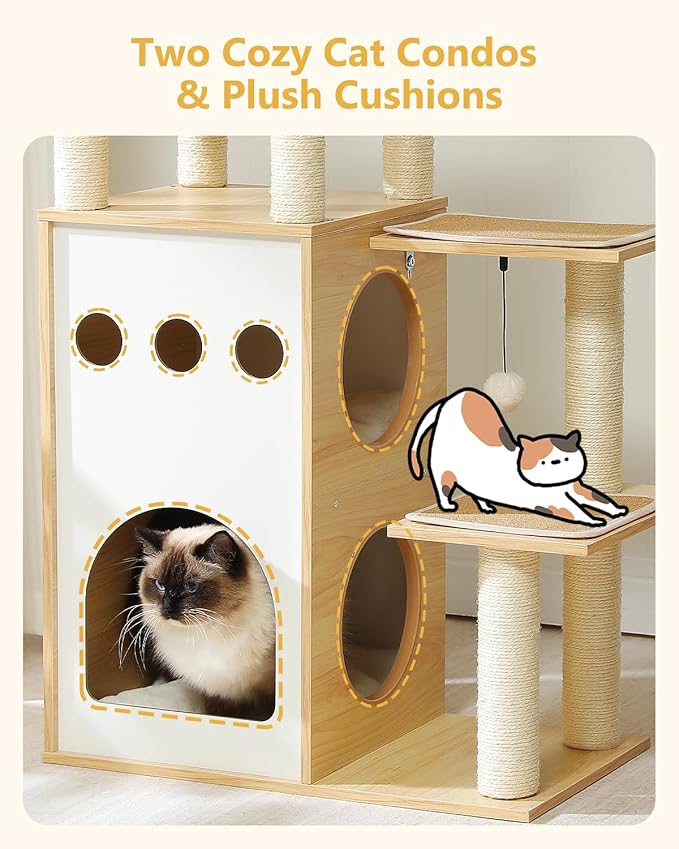 42.5" Modern Wooden Cat Tree with 2-Story Condo, Scratching Posts, Capsule Nest & Dangling Balls - Sky City Design Indoor Furniture for Cats, Beige