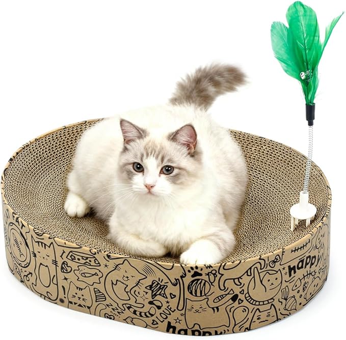 Cat Scratcher Cardboard 2in1 Oval Cat Scratcher Bed for Indoor Cats Cat Scratch Pad Bowl with Scratching Toy Corrugated Lounge Bed&Furniture Protector &Training Toy XL（Black）
