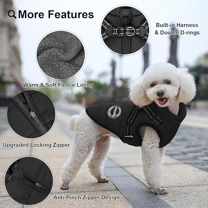 Dog Winter Coat, Warm Dog Jacket Reflective Adjustable Fleece Vest with Harness Built in, Windproof Pet Snow Jacket Snowsuit with Zipper for Small Medium Dogs, Black XS