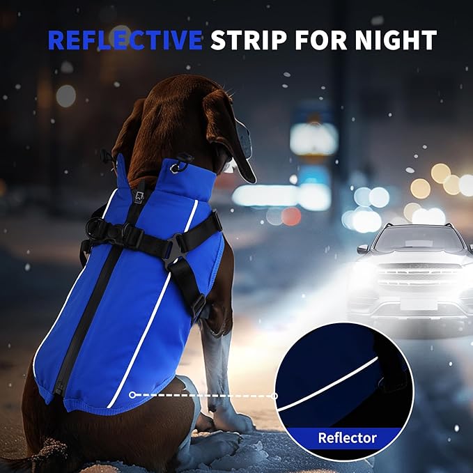 Dog Winter Coat Reflective Water-Resistant Jacket, Fleece Lined Windproof Puppy Coat with Back Zipper & D-Ring, Cold Weather Dog Coats for Small Medium Dogs (S, Blue)